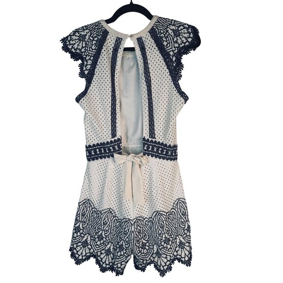 Saylor Ivory & Navy M Lace Embroidered Romper Open Back & Ribbon Tie Detail - Picture 2 of 15